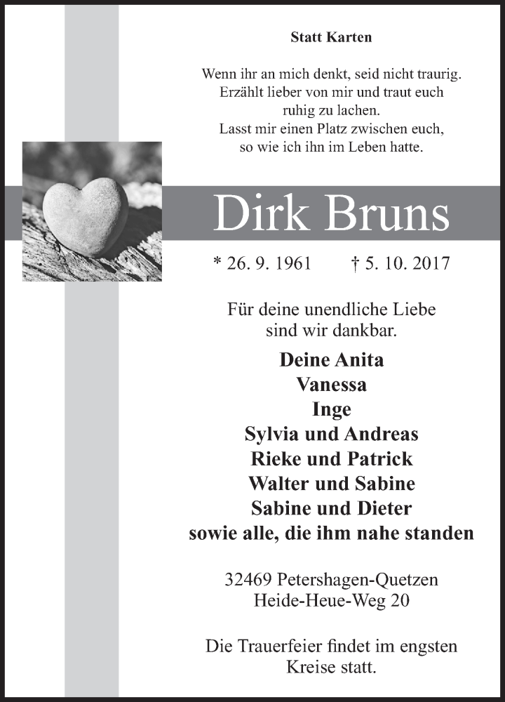  Traueranzeige für Dirk Bruns vom 07.10.2017 aus Mindener Tageblatt