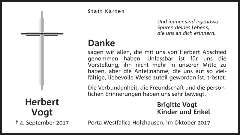  Traueranzeige für Herbert Vogt vom 07.10.2017 aus Mindener Tageblatt