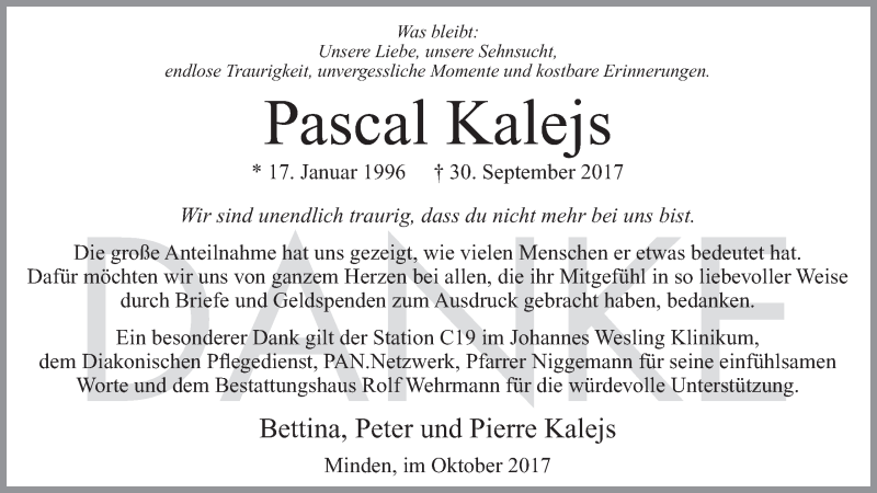  Traueranzeige für Pascal Kalejs vom 31.10.2017 aus Mindener Tageblatt