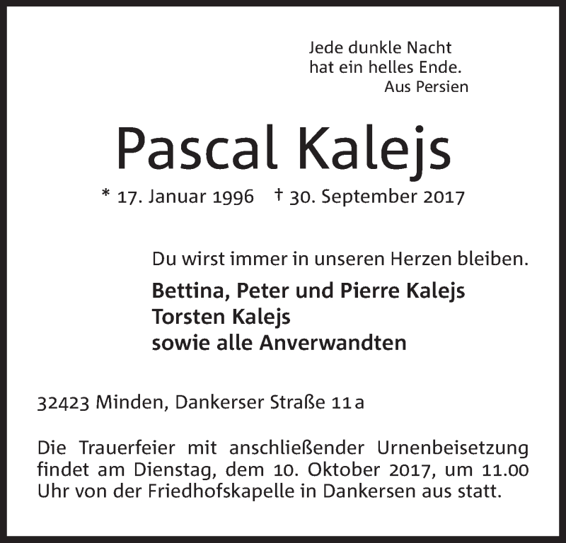  Traueranzeige für Pascal Kalejs vom 03.10.2017 aus Mindener Tageblatt