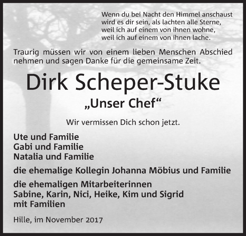  Traueranzeige für Dirk Scheper-Stuke vom 18.11.2017 aus Mindener Tageblatt