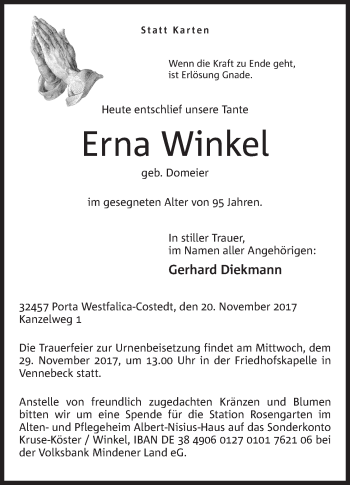 Anzeige von Erna Winkel von Mindener Tageblatt