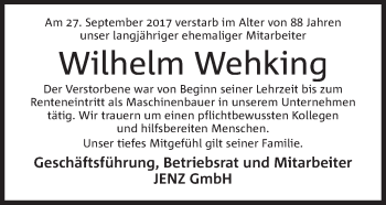 Anzeige von Wilhelm Wehking von Mindener Tageblatt