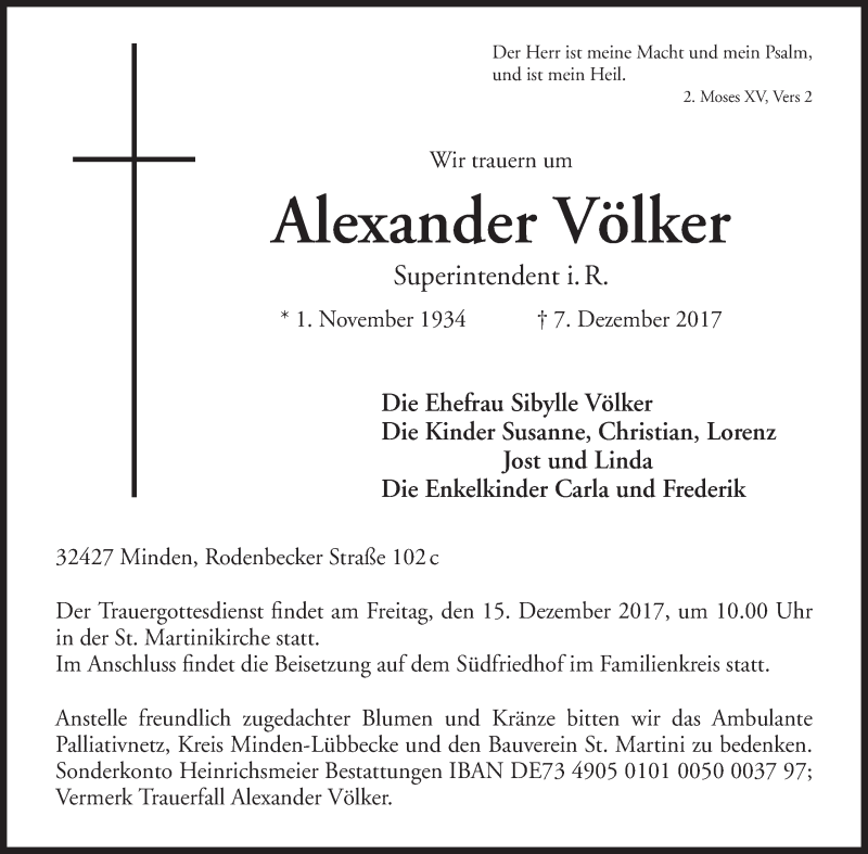 Traueranzeige für Alexander Völker vom 09.12.2017 aus Mindener Tageblatt