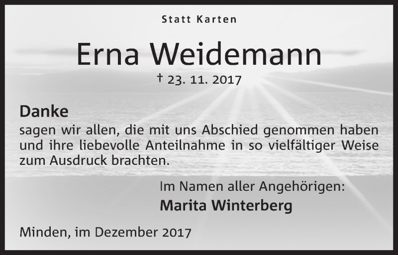  Traueranzeige für Erna Weidemann vom 30.12.2017 aus Mindener Tageblatt