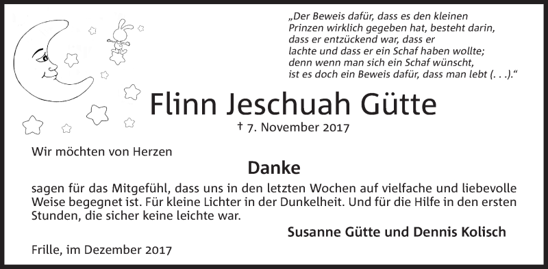  Traueranzeige für Flinn Jeschuah Gütte vom 23.12.2017 aus Mindener Tageblatt