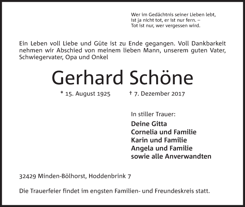 Traueranzeigen Von Gerhard Schone Trauer Mt De