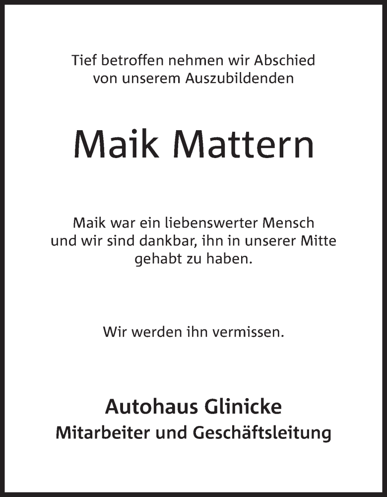  Traueranzeige für Maik Mattern vom 16.12.2017 aus Mindener Tageblatt