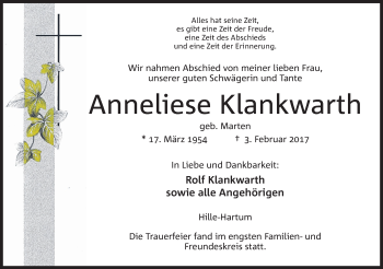 Anzeige von Anneliese Klankwarth von Mindener Tageblatt