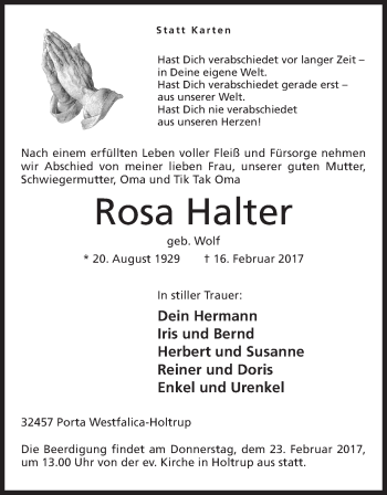 Anzeige von Rosa Halter von Mindener Tageblatt