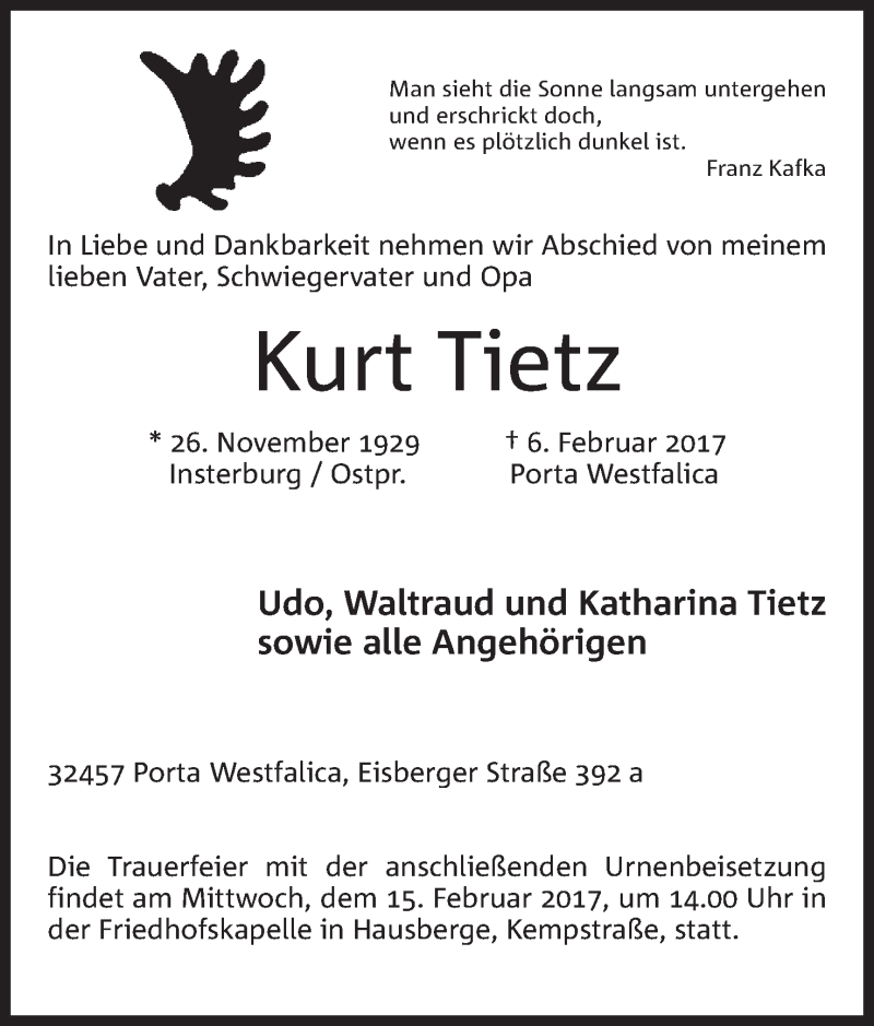  Traueranzeige für Kurt Tietz vom 11.02.2017 aus Mindener Tageblatt