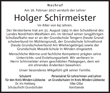 Anzeige von Holger Schirmeister von Mindener Tageblatt