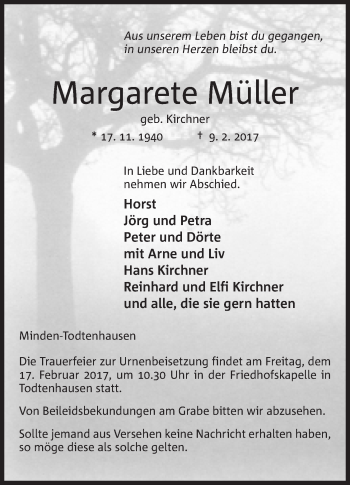 Anzeige von Margarete Müller von Mindener Tageblatt