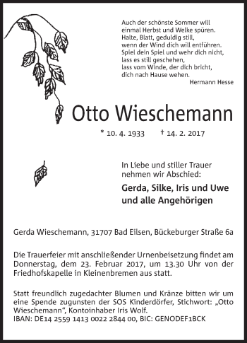 Anzeige von Otto Wieschemann von Mindener Tageblatt