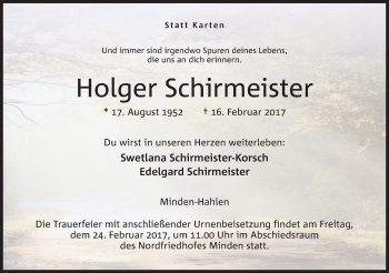 Anzeige von Holger Schirmeister von Mindener Tageblatt