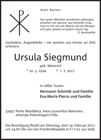 Anzeige von Ursula Siegmund von Mindener Tageblatt