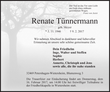 Anzeige von Renate Tünnermann von Mindener Tageblatt