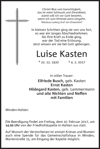 Anzeige von Luise Kasten von Mindener Tageblatt