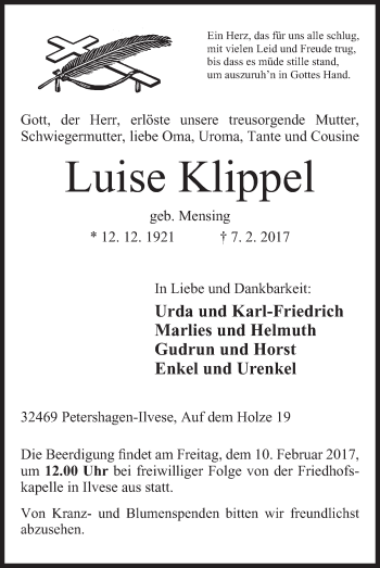 Anzeige von Luise Klippel von Mindener Tageblatt