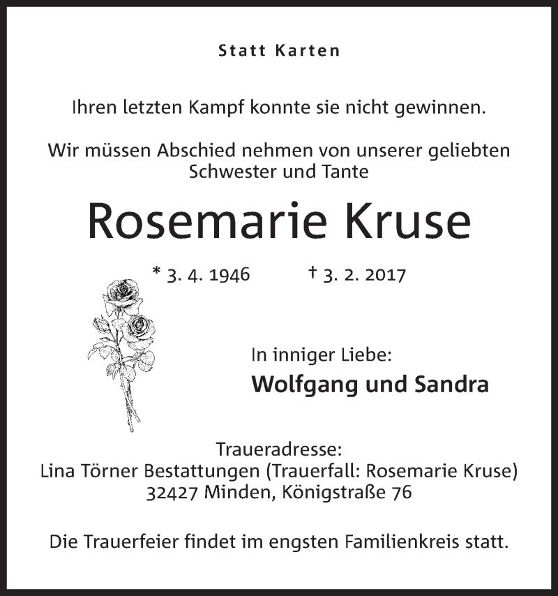 Traueranzeige für Rosemarie Kruse vom 11.02.2017 aus Mindener Tageblatt