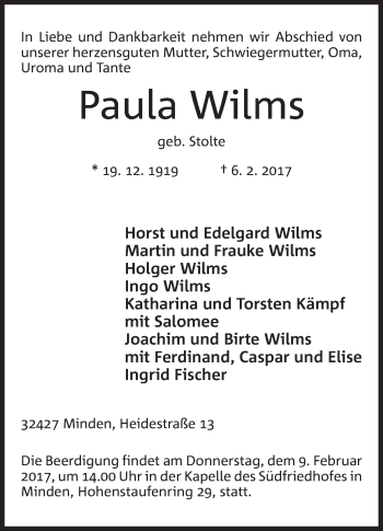 Anzeige von Paula Wilms von Mindener Tageblatt