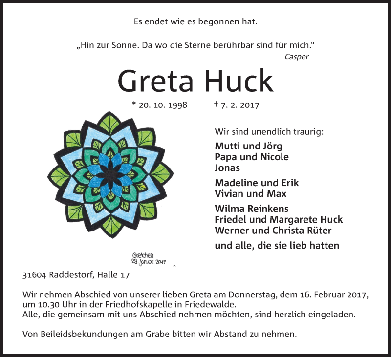  Traueranzeige für Greta Huck vom 13.02.2017 aus Mindener Tageblatt
