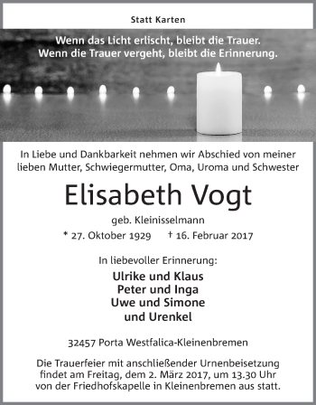 Anzeige von Elisabeth Vogt von Mindener Tageblatt