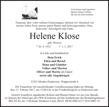 Anzeige von Helene Klose von Mindener Tageblatt