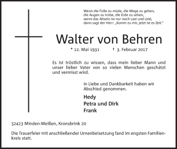 Anzeige von Walter von Behren von Mindener Tageblatt