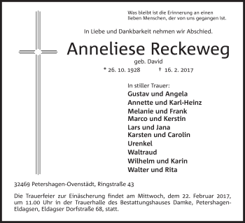 Anzeige von Anneliese Reckeweg von Mindener Tageblatt