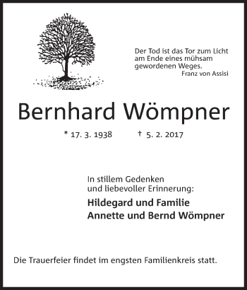 Anzeige von Bernhard Wömpner von Mindener Tageblatt