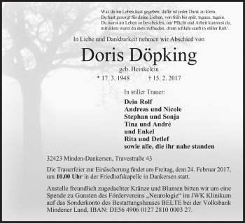Anzeige von Doris Döpking von Mindener Tageblatt