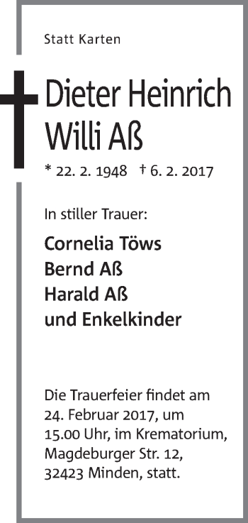 Anzeige von Dieter Heinrich Willi Aß von Mindener Tageblatt
