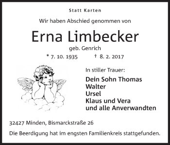 Anzeige von Erna Limbecker von Mindener Tageblatt
