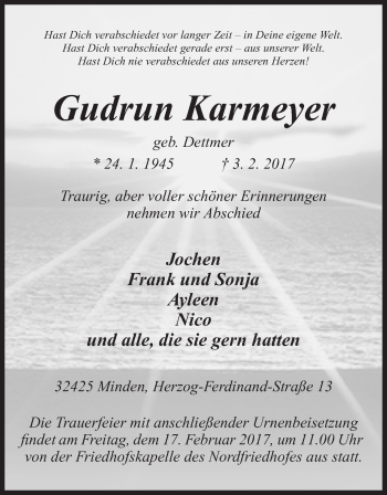 Anzeige von Gudrun Karmeyer von Mindener Tageblatt