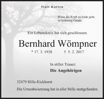 Anzeige von Bernhard Wömpner von Mindener Tageblatt