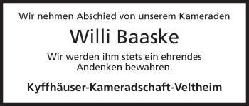 Anzeige von Willi Baaske von Mindener Tageblatt