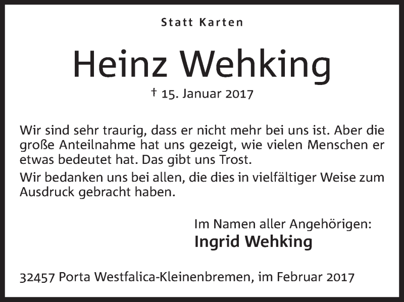  Traueranzeige für Heinz Wehking vom 04.02.2017 aus Mindener Tageblatt