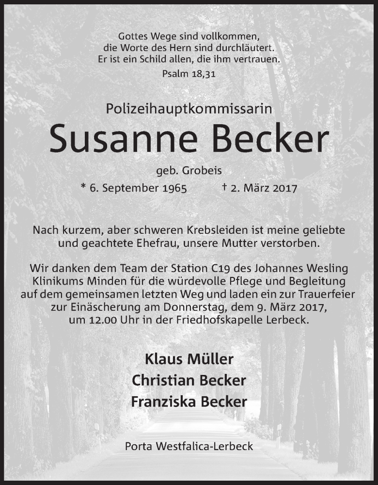  Traueranzeige für Susanne Becker vom 04.03.2017 aus Mindener Tageblatt