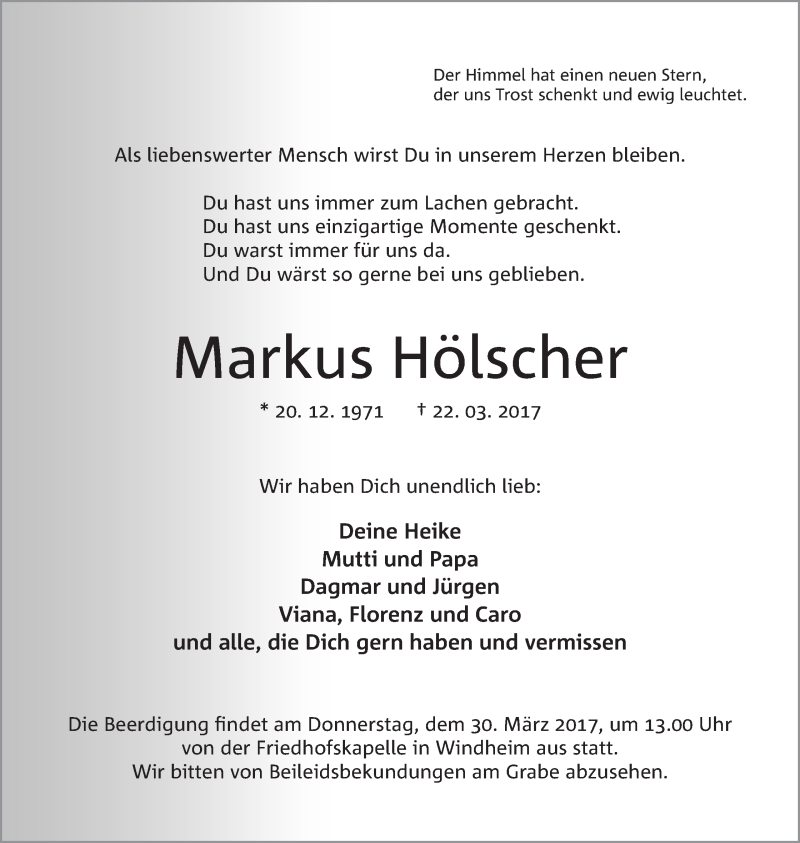  Traueranzeige für Markus Hölscher vom 25.03.2017 aus Mindener Tageblatt