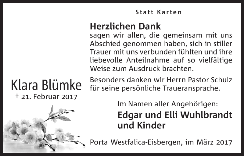  Traueranzeige für Klara Blümke vom 18.03.2017 aus Mindener Tageblatt