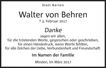 Anzeige von Walter von Behren von Mindener Tageblatt