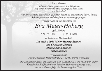 Anzeige von Eva Meier-Hoberg von Mindener Tageblatt