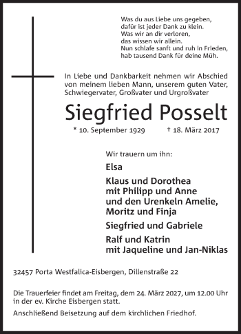 Anzeige von Siegfried Posselt von Mindener Tageblatt