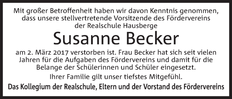  Traueranzeige für Susanne Becker vom 07.03.2017 aus Mindener Tageblatt