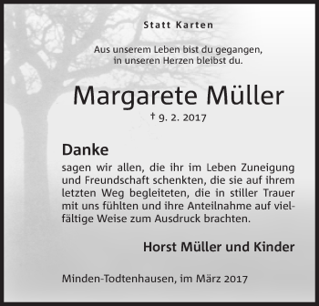 Anzeige von Margarete Müller von Mindener Tageblatt