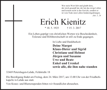 Anzeige von Erich Kienitz von Mindener Tageblatt