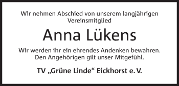 Anzeige von Anna Lükens von Mindener Tageblatt