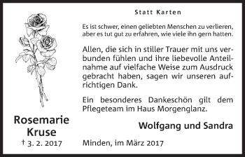 Anzeige von Rosemarie Kruse von Mindener Tageblatt