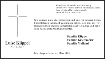 Anzeige von Luise Klippel von Mindener Tageblatt